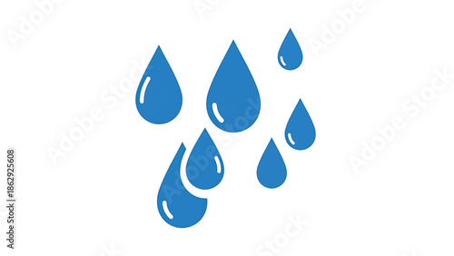 A stylized illustration features seven blue teardrop shapes of varied sizes, each with a white highlight, arranged against a clean white backdrop