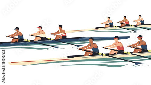 A stylized illustration features rowers on the water, participating in a competition.  Athletes are in boats with oars. The image has a clean, graphic design