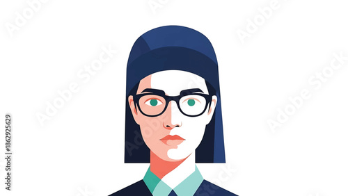 A stylized portrait of a person wearing glasses and a cap, with distinct color blocking and simplified facial features