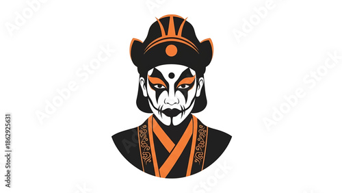 A stylized portrait of a person with elaborate makeup, headwear, and traditional garments in black and orange. The design is symmetrical and against a white background