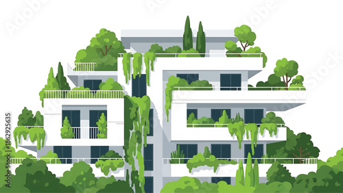 A stylized illustration of a modern white building featuring balconies overflowing with lush green vegetation. The scene is bright and vibrant