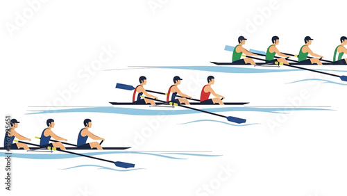 A stylized illustration features several rowing teams. Each boat contains rowers in various team colors, navigating stylized water. The oars are visible
