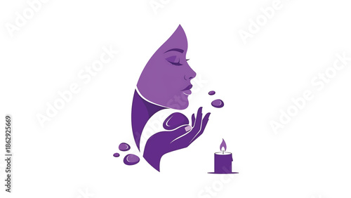 A stylized profile of a woman with closed eyes is depicted holding stones. A lit candle sits next to the hand, all in purple