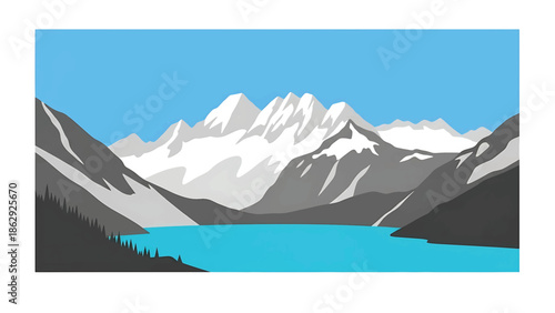 A stylized illustration features snow-capped mountains reflected on tranquil turquoise water, surrounded by forest and under a clear sky