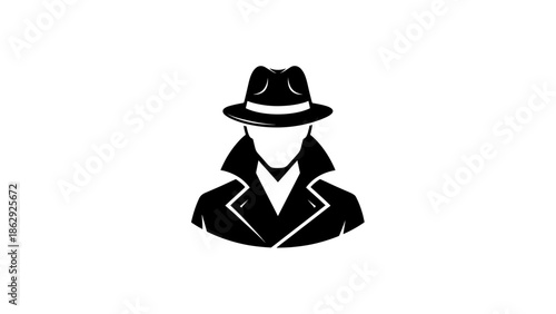 A stylized illustration of a person wearing a fedora and a trench coat. It's a silhouette with an all-black design on a white background