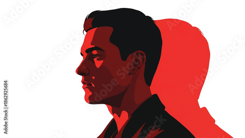 A stylized profile portrait featuring a man with slicked-back black hair and a red shaded face. A red shadow of the head is behind