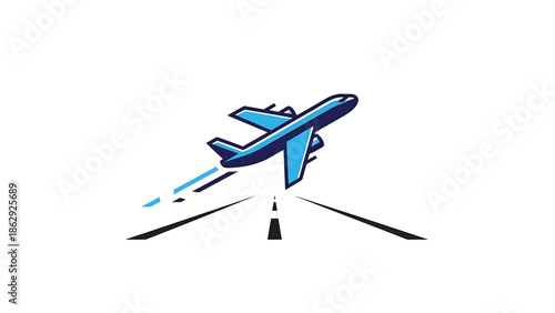 A stylized image of an aircraft taking off from a runway against a white background, with blue and dark blue accents