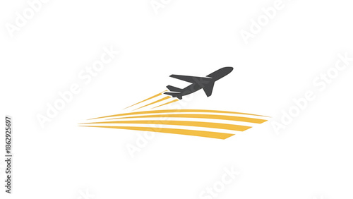 A stylized image of an airplane taking off with vapor trails and a stylized landscape below in shades of gray, orange, and white