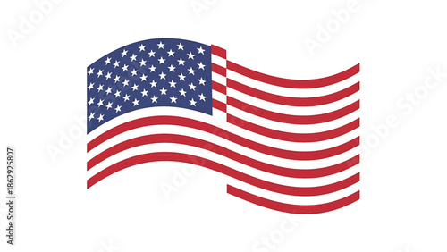 A stylized illustration of a waving flag, featuring alternating red stripes and a blue canton filled with white stars. The design is in the air