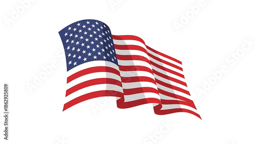 A stylized illustration of a waving flag, featuring red and white stripes and a blue field with white stars