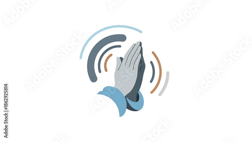 A stylized illustration features two hands clasped in a gesture of appreciation, clapping or prayer, surrounded by sound waves. Soft pastel hues