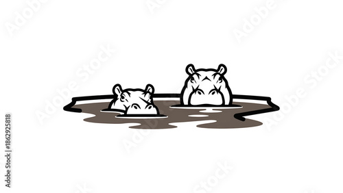 A stylized illustration features two hippos in water. The animals are partially submerged, showing only their heads. The image is minimalist with bold outlines