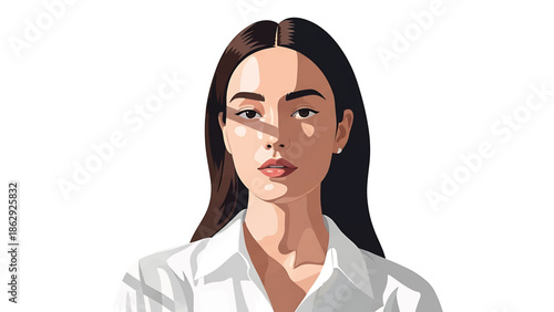A stylized illustration of a woman. Half her face is in shadow; she's wearing a white shirt, with brown hair and light skin. A simplistic style