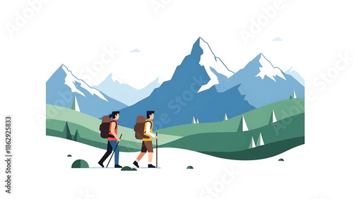 A stylized illustration features two hikers with backpacks traversing a mountainous landscape, snow-capped peaks in the background. Green hills complete the scene