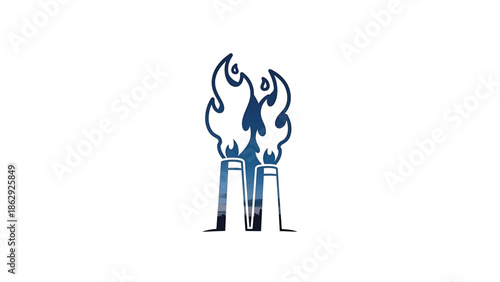 A stylized illustration features two industrial chimneys emitting flame-like smoke against a white backdrop, conveying industry's effect