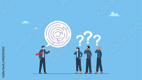 Businessman or boss explain confused labyrinth maze speech bubble to team members. Ramble, confused explanation or bad communication skill, confusion dialogue problem, unclear message.