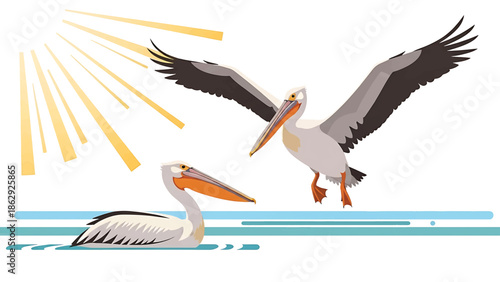 A stylized illustration features two large birds, one soaring with outstretched wings as another rests on water under golden rays