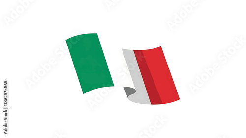 A stylized illustration features two overlapping, curved flags with green, white, and red bands. They float against a clean white backdrop