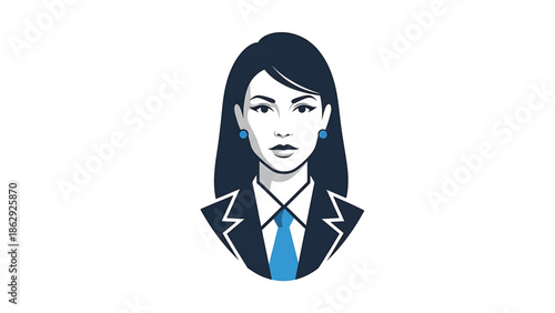 A stylized illustration of a woman's upper body. She's depicted in a suit and tie with a clean design. The palette features blues and whites