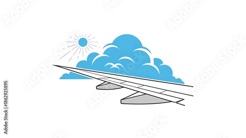 A stylized illustration features an airplane wing soaring above fluffy blue clouds, a sun with rays, and three birds flying. The design is set against a white background