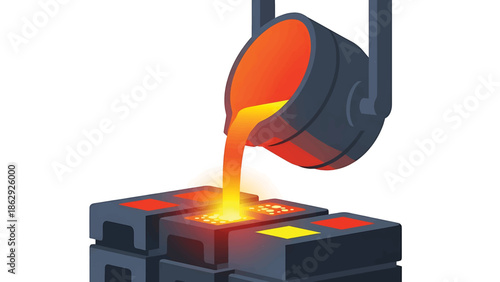 A stylized illustration of molten metal pouring into molds, representing an industrial process with vibrant colors and geometric shapes