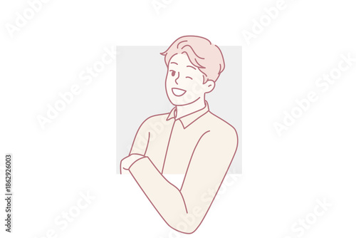Smiling young man peeking from window. Happy guy look from hole feeling curious and interested. Curiosity concept. Vector illustration.