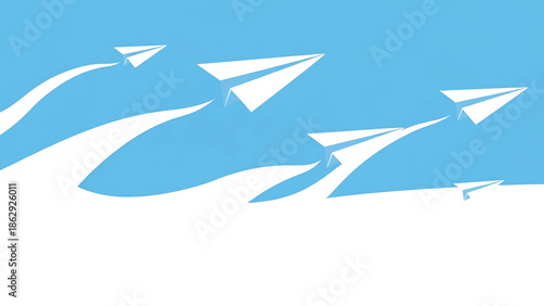 A stylized illustration of paper airplanes soaring against a blue sky, creating a sense of movement and freedom. The backdrop is textured