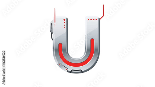 A stylized illustration of the letter "U" rendered with metallic textures, accented by red, and tech-inspired details. Features wires