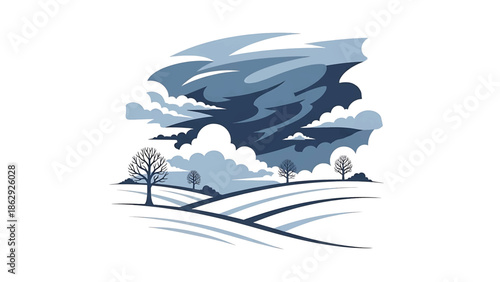 A stylized winter landscape features rolling hills and bare trees beneath a dramatic sky filled with clouds and swirling patterns in muted blues