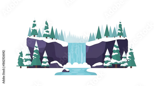 A stylized winter landscape features a waterfall cascading between snowy cliffs, framed by evergreen trees and a serene pool below