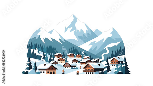 A stylized winter landscape features snow-covered chalets nestled at the foot of snowy mountains with skiers. The illustration evokes a cozy atmosphere