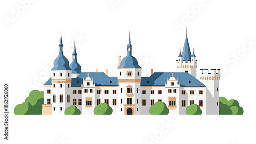 A symmetrical, detailed illustration of a European-style castle with multiple towers and a blue roof, situated amongst green trees