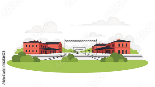 A symmetrical, flat vector illustration of a train station, featuring red brick buildings, tracks, green grass, and fluffy white clouds