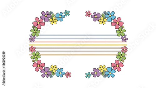 A symmetrical floral design features two semicircles of colorful, cartoon-style flowers surrounding a series of horizontal striped bars