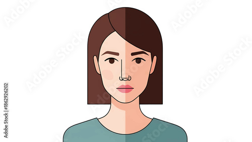 A symmetrical illustration depicts a woman's face split down the middle. One side shows skin blemishes. The other side portrays clear skin