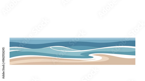 A stylized illustration featuring a beach scene with ocean waves and sandy shore. The design incorporates calming shades of blue and tan