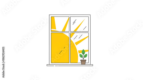 A sunny day scene, a window displays a bright sun, rays of light, and a potted plant inside. The illustration is minimalist and simple