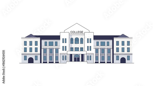 A stylized illustration presents a symmetrical building facade, likely a learning institution, with a central entrance and multiple windows