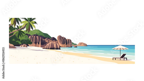 A stylized illustration presents a tranquil beach scene, with a sun umbrella and chair near the water.  Large rock formations