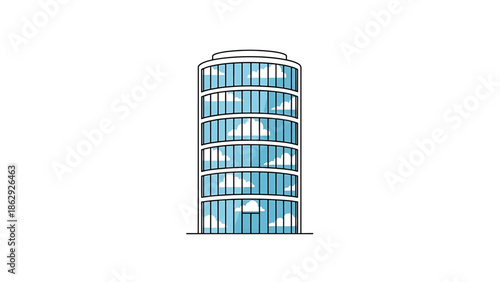 A tall, cylindrical building with a rounded top and numerous glass windows reflecting a sky with puffy clouds. It's a clean, minimalist design