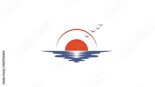 A sunset illustration features a red sun reflecting on water, a curved line above, and birds flying