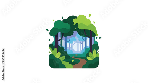 A stylized illustration presents a vibrant forest scene. A winding path leads into the heart of the woods, framed by lush foliage and trees