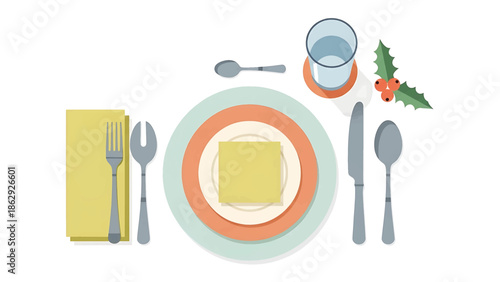 A top-down illustration of a place setting for a meal. Includes a plate with a square, silverware, napkin, glass, and holly. All on white background
