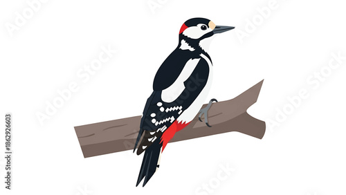 A stylized illustration presents a woodpecker with black, white, and red plumage perched on a brown branch, against a white background