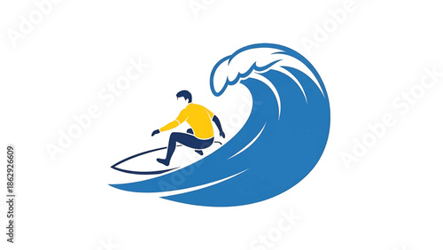 A surfer in yellow and dark blue riding a large wave in a stylized graphic on a white background. The wave crests high