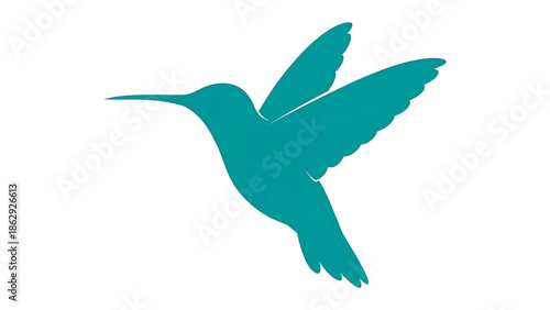 A teal-colored hummingbird silhouette with textured details, wings outstretched in flight, against a stark white background
