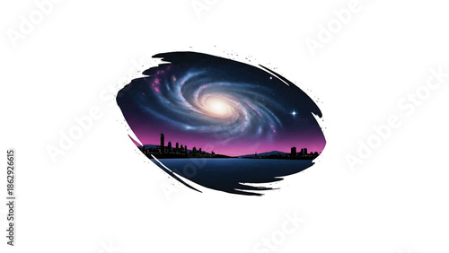 A surreal landscape composition. A vibrant galaxy swirls above a cityscape silhouette beside calm waters, enclosed by abstract brush strokes