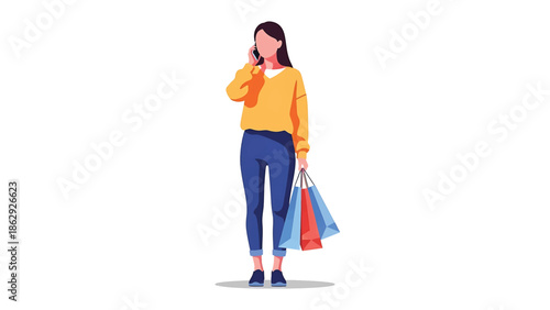 A stylized illustration presents a woman with long hair wearing casual attire. She holds shopping bags while talking on her phone