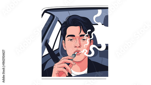 A stylized illustration presents a young person vaping inside a vehicle. The smoke swirls in the air as the person exhales, appearing calm. The vehicle's interior is visible