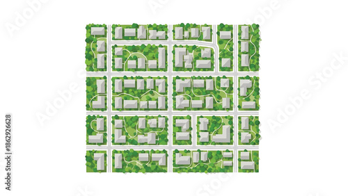 A top-down illustration of a suburban area, depicting houses, streets, trees, and green spaces in a neat grid pattern